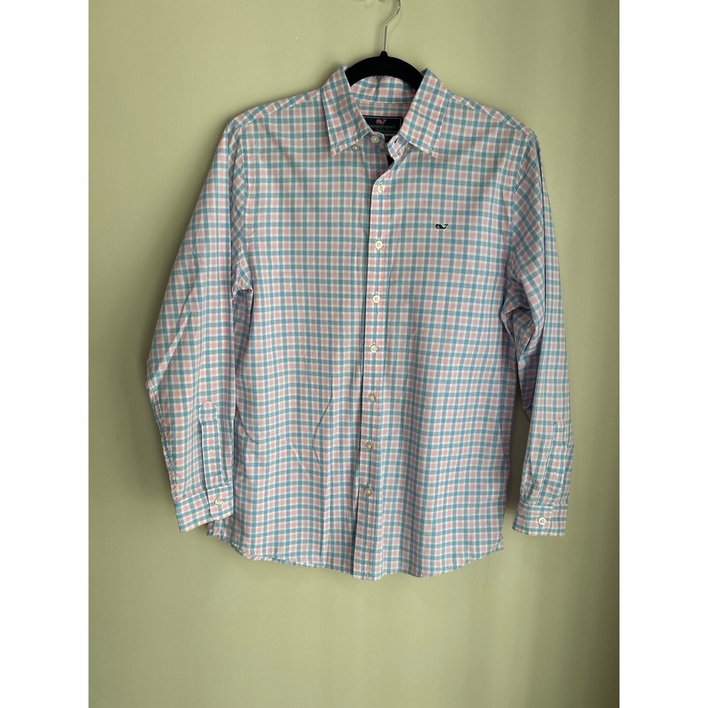 Vineyard Vines Boys XL 18 Whale Shirt Pink Blue Gingham Check Button Down Cotton